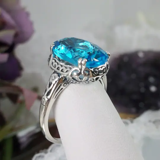 Swiss Blue Topaz Ring, Size 7.5, Sterling Silver Edwardian Jewelry #D70 - Ready to Ship