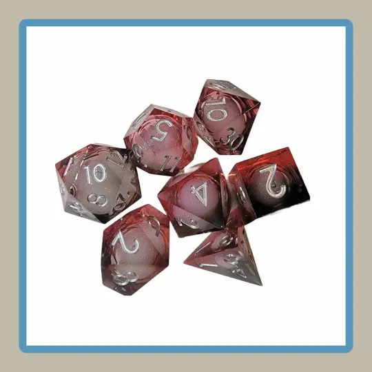 rpg dice in black and red with liquid core