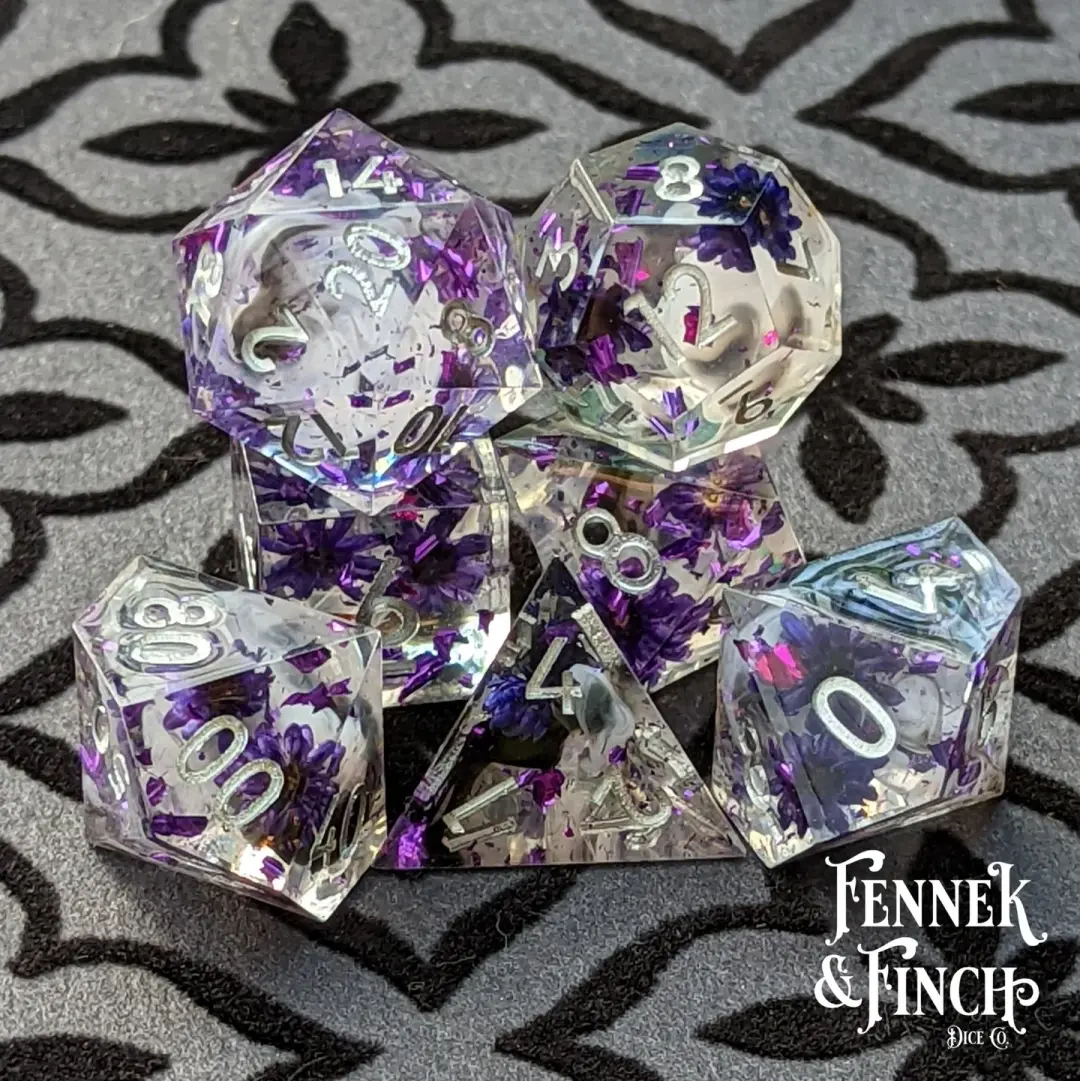 Purple Flower Dice Set – 7-Piece Sharp Edge Clear Wispy Clouds DnD Dice