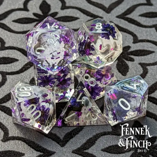 Purple Flower Dice Set – 7-Piece Sharp Edge Clear Wispy Clouds DnD Dice