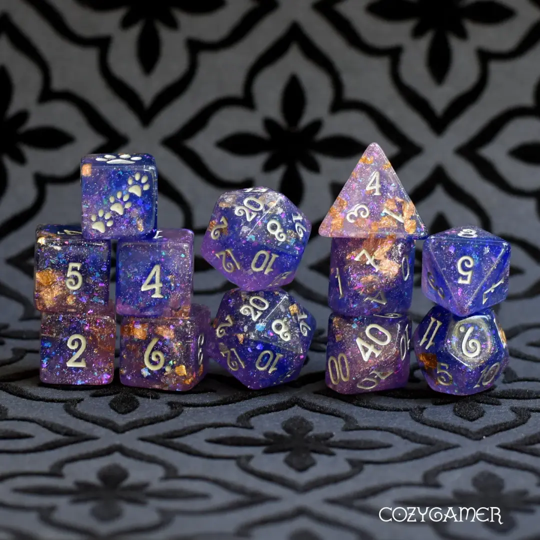 Psychic Blade Dice Set. Blue and Lilac with Opal Flakes and Gold Foil