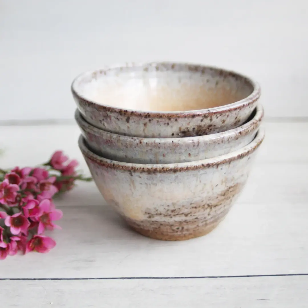 Three Rustic Prep Bowls in Milk and Honey Glaze, Handcrafted Small Bowls, Made in the USA