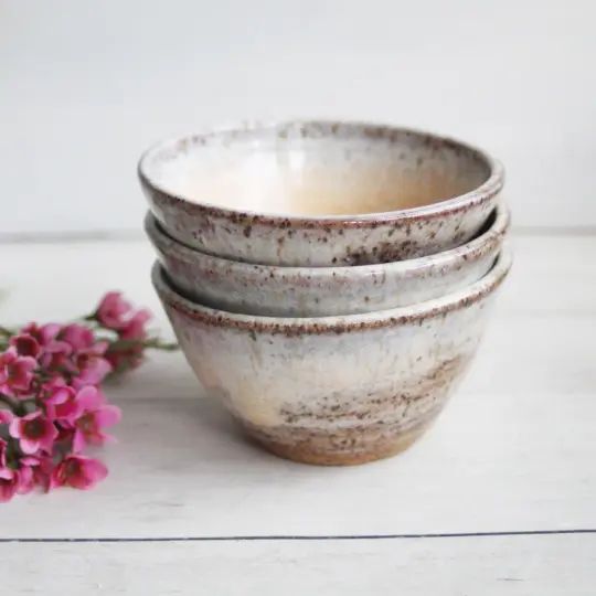 Three Rustic Prep Bowls in Milk and Honey Glaze, Handcrafted Small Bowls, Made in the USA