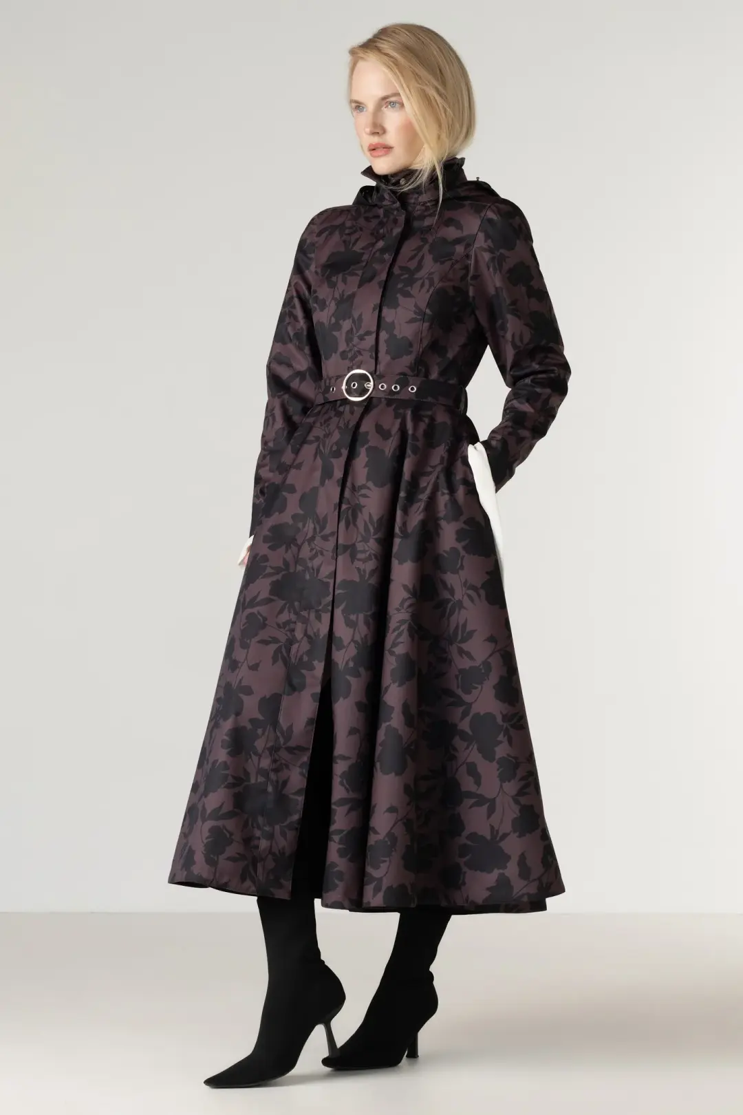 Brown Floral Fit and Flare Coat with A-Line Skirt | Brocade Dusk