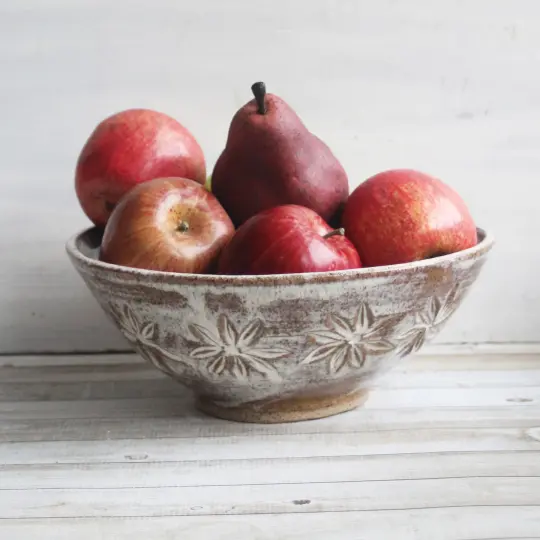 New Gorgeous Hand Carved Large Rustic Serving Bowl in Dripping White and Speckled Brown, Made in USA