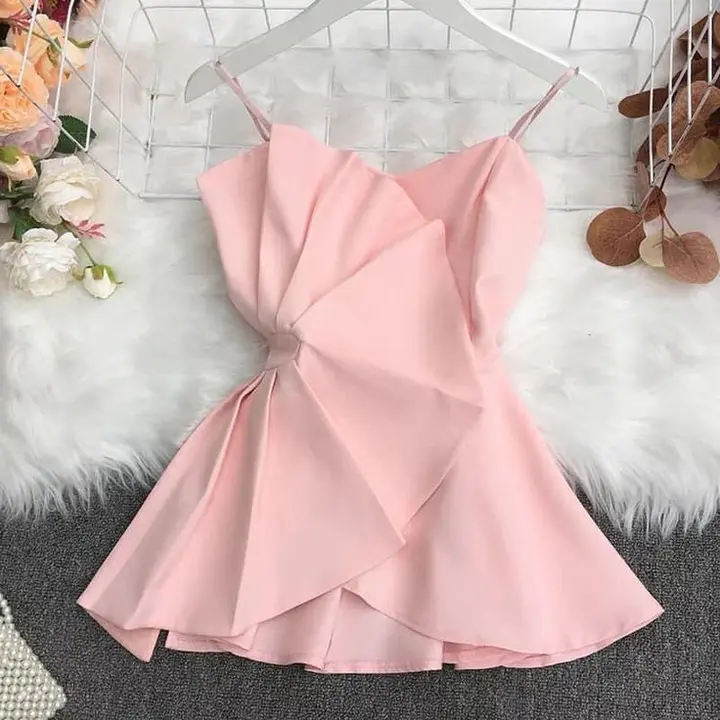 Pink suspenders irregular design waist slimming A-line short skirt homecoming dress R3415