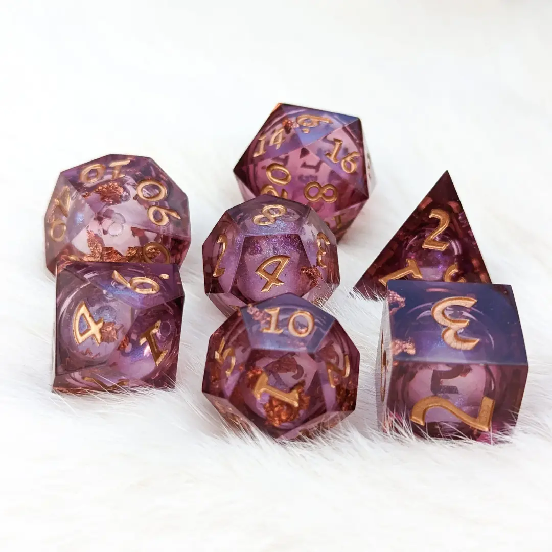 Burgundy and Copper Liquid Core Sharp Edge Resin DnD Dice Set