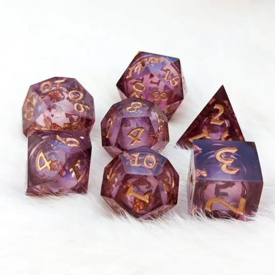 Burgundy and Copper Liquid Core Sharp Edge Resin DnD Dice Set