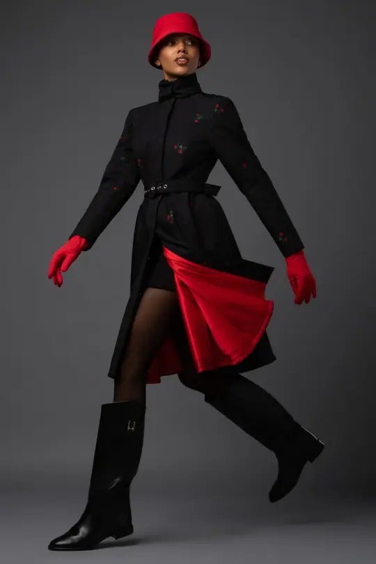 Winter Fit and Flare Black Coat with Strawberry Print | Winter Wild Strawberry