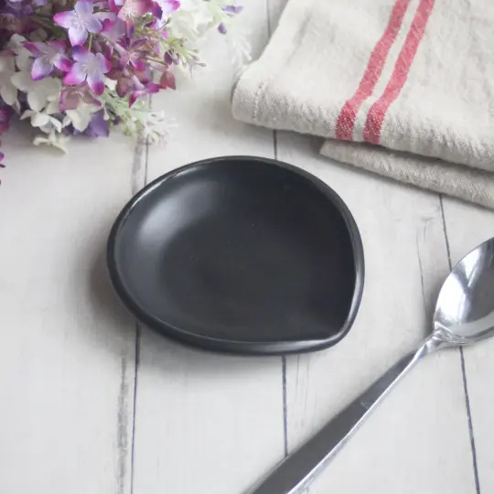Medium Satin Black Spoon Rest, Handmade Ceramic Coffee Spoon Dish, Made in USA