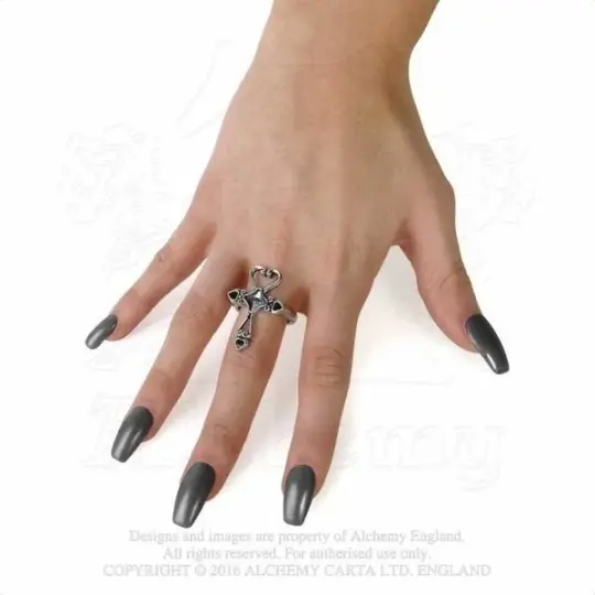 Amourankh Heart Ankh Ring with Hematite Cabochon in Rare Pewter