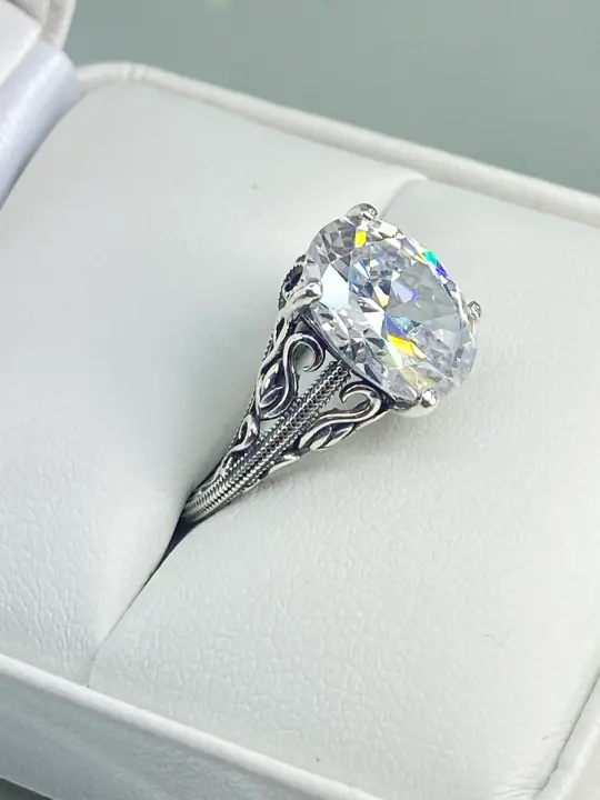White CZ Ring, Size 7, Swan Filigree, Art Deco Jewelry #D190 - Ready to Ship