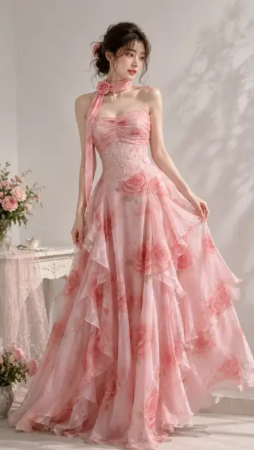 Floral Chiffon Flowy Corset Prom Gown , Pink Women's Maxi Princess Birthday Dress Party Dress RS2404