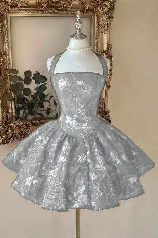 Elegant Sliver Homecoming Dress ,A-Line Halter Silky Corset Short Prom Dress RS1079