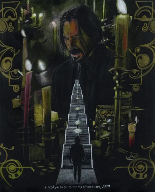 “I need you to get to the top of those stairs, John. “ JOHN WICK CHAPTER 4 Art Print