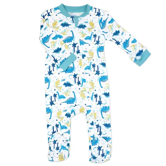 Baby Mode Baby Boys And Baby Girls 100% Cotton Aqua Dinosaur Zippered Footie, 0-3M