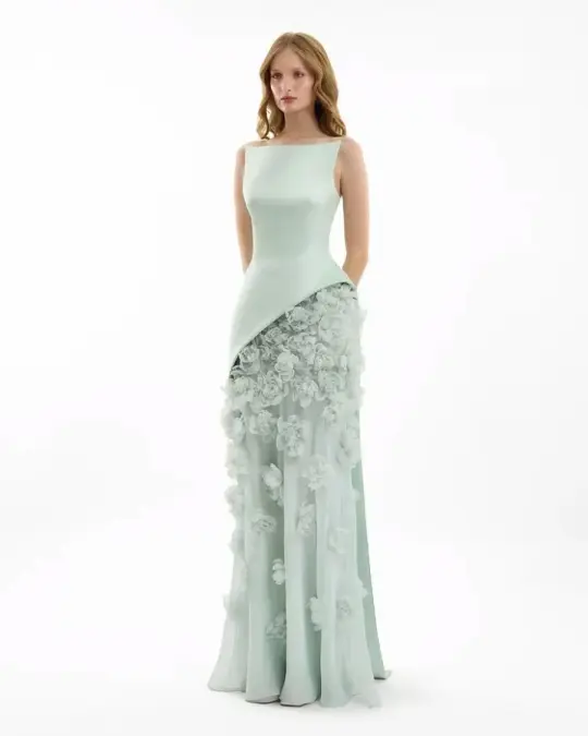 Silky Sleeveless 3D Floral Corset Prom Gown ,Dreamy Green Maxi Evening Dress RS2080