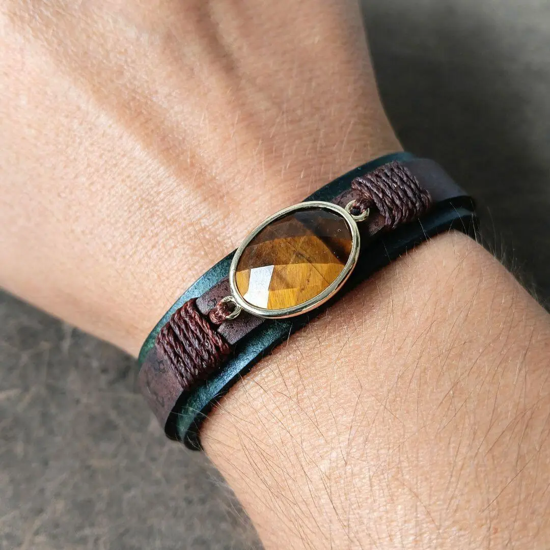 OOAK Men's Leather Bracelet with Tiger's Eye | Forest Green Watchband