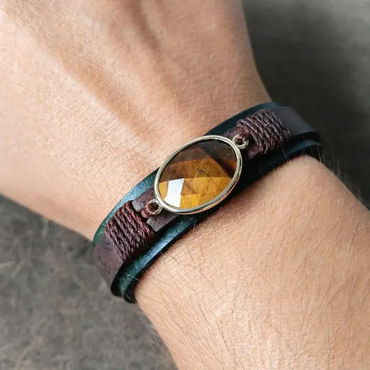 OOAK Men's Leather Bracelet with Tiger's Eye | Forest Green Watchband