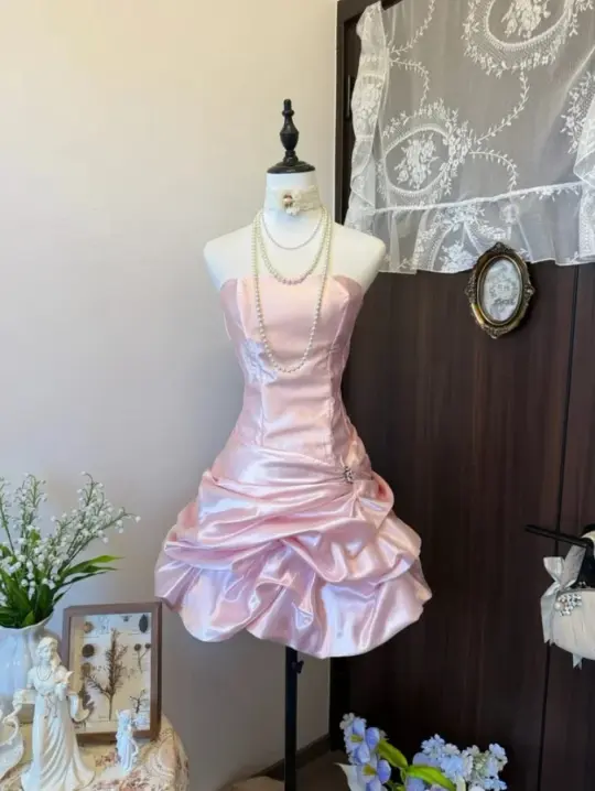 Princess Silky Pleated Women's Homecoming Dress Pink Corset Mini Birthday Dress RS2298