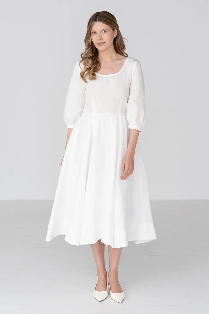 Carmen – Puff Sleeve Linen Midi Dress