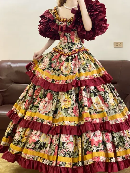 Red Retro Floral-Patterned Waist-Cinched Fitted Tiered-Hem Ball Gown, Bridal Gown R7335