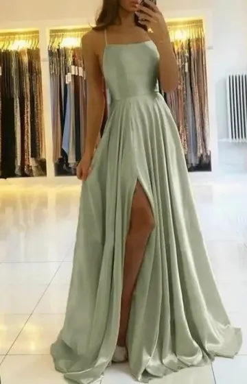 Fresh Silky High-slit Prom Gown Soft Green Women's Corset Maxi Evening Dress Casual Dress RS2874