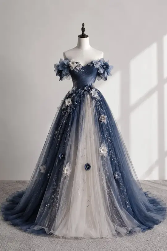 Puffy Tulle Floral Decor Corset Prom Gown ,  High End Navy Maxi Evening Dress RS1856