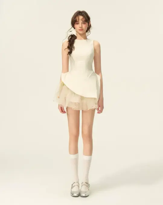 White Sleeveless Peplum Dress with Sheer Embroidered Tulle Underskirt R9220