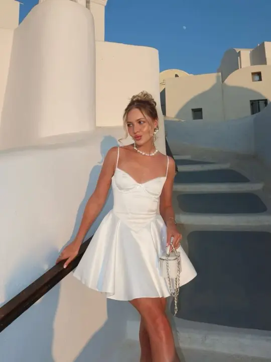 White satin suspenders waist A-line slim sexy short skirt homecoming dress R3765