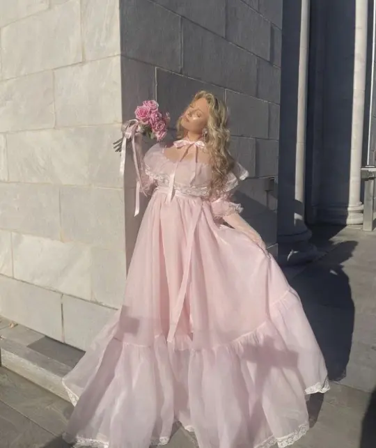 Puffy Tulle Lace Trim Women's Prom Gown Blush Pink Waist Fitted Maxi Evening Dress Party Dress — Fall Outfit 2026 New  RS3353