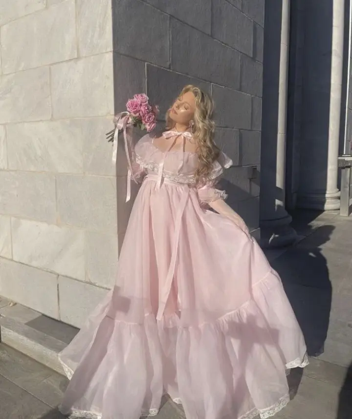 Puffy Tulle Lace Trim Women's Prom Gown Blush Pink Waist Fitted Maxi Evening Dress Party Dress — Fall Outfit 2026 New  RS3353