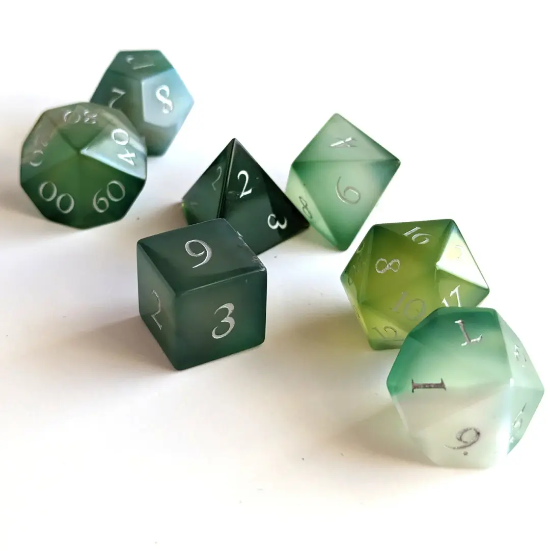 Green Agate Dice Set. Real Gemstone 7 Piece TTRPG Dice