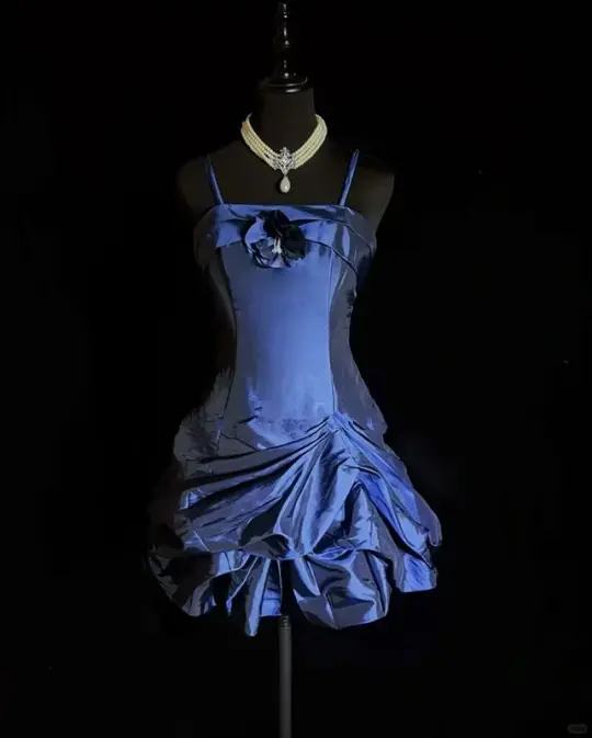 Dark blue suspender satin waist slim fit flower bud skirt short skirt homecoming dress R4971