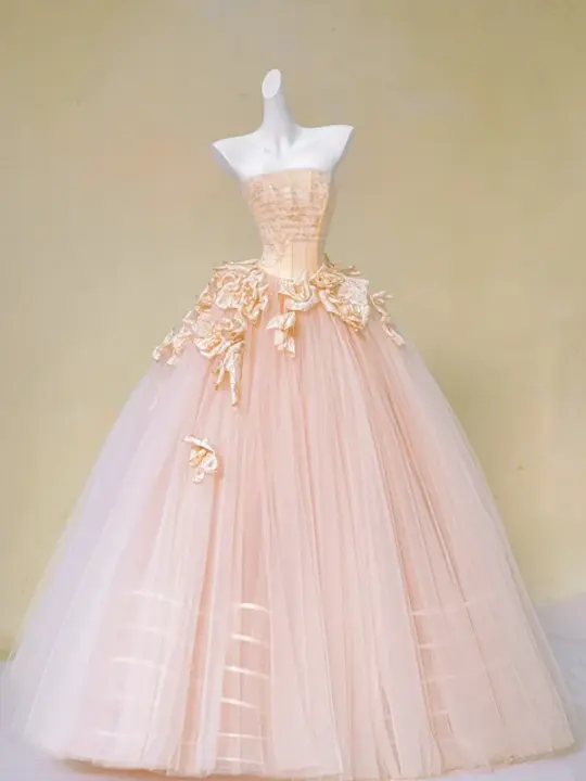 Pink tube top waist slim fit three-dimensional flower puffy tulle long dress bridal dress R5732
