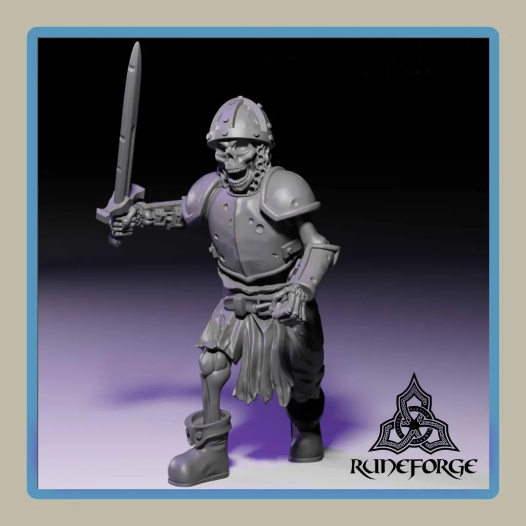 render of 28mm miniature undead armored skeleton with sword