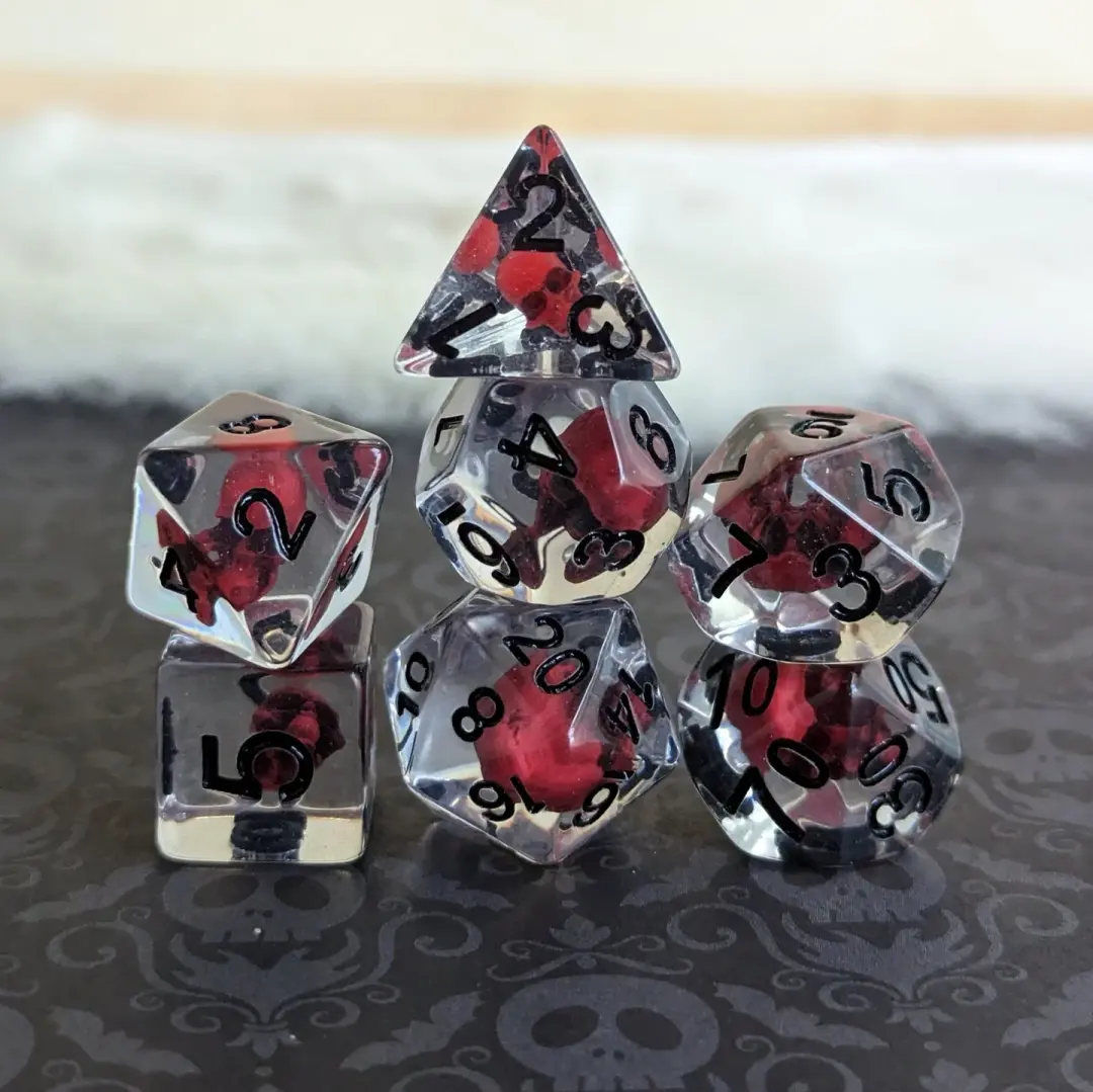 Blood Skull Dice Set – 7-Piece Dark Red Skull Clear Resin DnD Dice