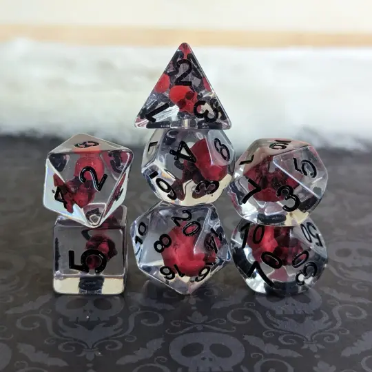 Blood Skull Dice Set – 7-Piece Dark Red Skull Clear Resin DnD Dice