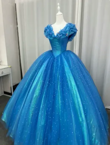 Glitter Puffy Corset Prom Gown , Vibrant Blue Women's Maxi Evening Dress Ball Gown RS2394