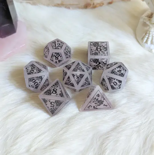 Roses on Quartz Dice Set – Rose Quartz Gemstone DnD Dice with Black Font | Fennek & Finch