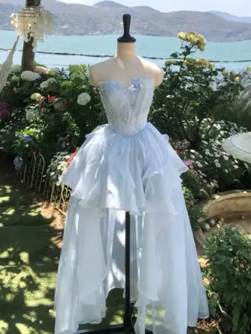 Fresh Pale Blue A-Line Strapless Hi-Lo Corset Maxi Birthday Dress Prom Dress RS592