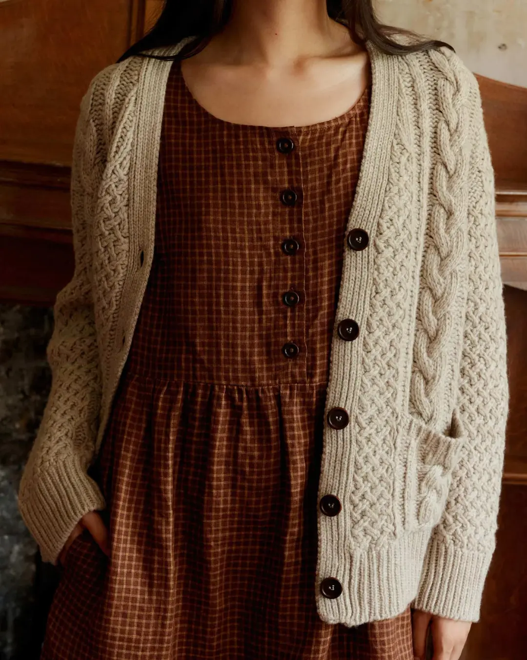 Merino Wool Cable Knit Cardigan with Pockets in Wheaten