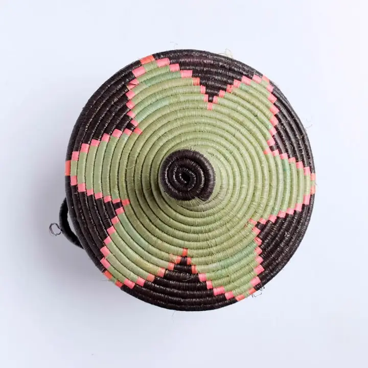Lidded Handle Basket in Green, Pink and Brown