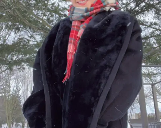 Vintage Black Wool Blend Coat with Faux Fur Details