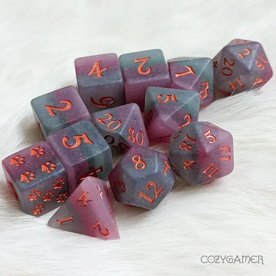 Matte Fluorite Dice Set – 12-Piece Rainbow Layered DnD Dice with Paw D6 | Fennek & Finch