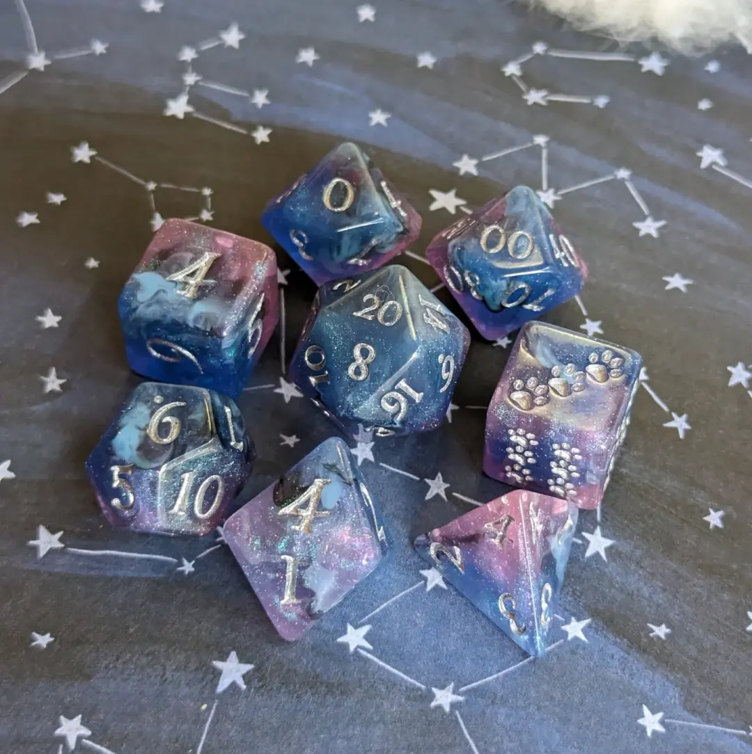 Unending Breath Dice Set – 8-Piece Blue Purple Micro Shimmer Vapor Genasi Paw