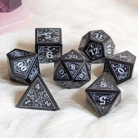 Dreamy Obsidian Dice Set – Black Glass Gemstone DnD Dice | Fennek & Finch