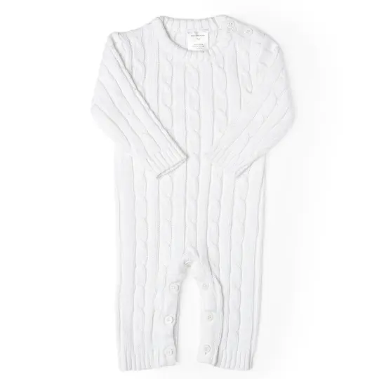 Baby Mode Signature Baby Boys and Baby Girls Long Sleeved White Cable Knit Romper, 6-9M