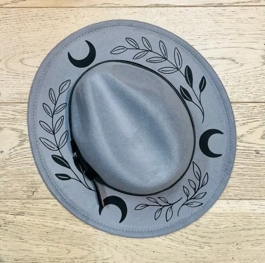 Grey Black Fern Moon Vegan Felt Wide Brim Hat