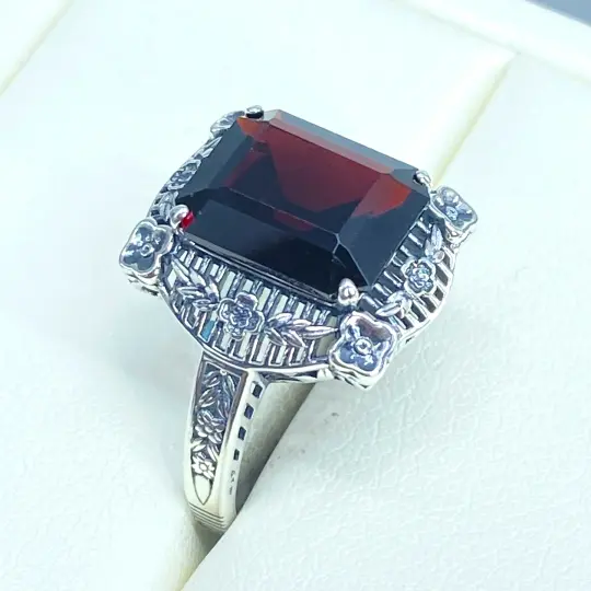 Natural Garnet Ring, Size 9.5, Victorian Floral Picture Frame Filigree #D227 - Ready to Ship